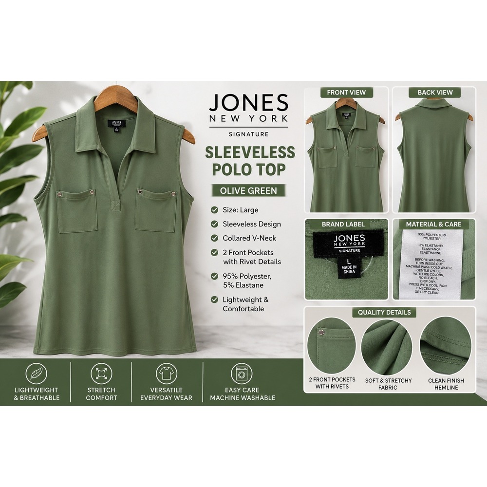 Jones New York Signature Womens Sage‎ Green Sleeveless Polo Top Pockets Large L
